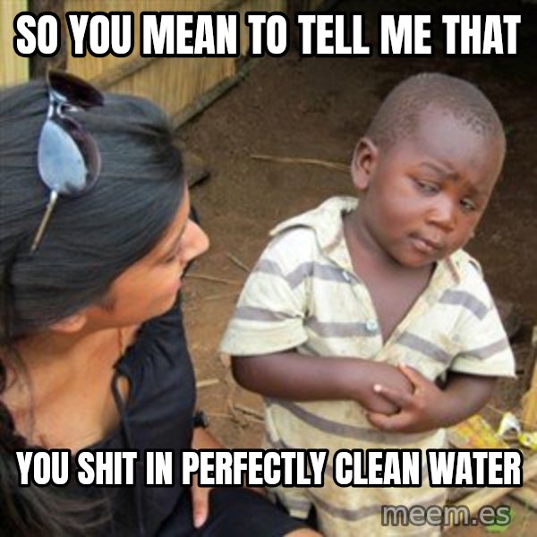 Skeptical 3rd World Kid meme: So you mean to tell me that / you shit in perfectly clean water