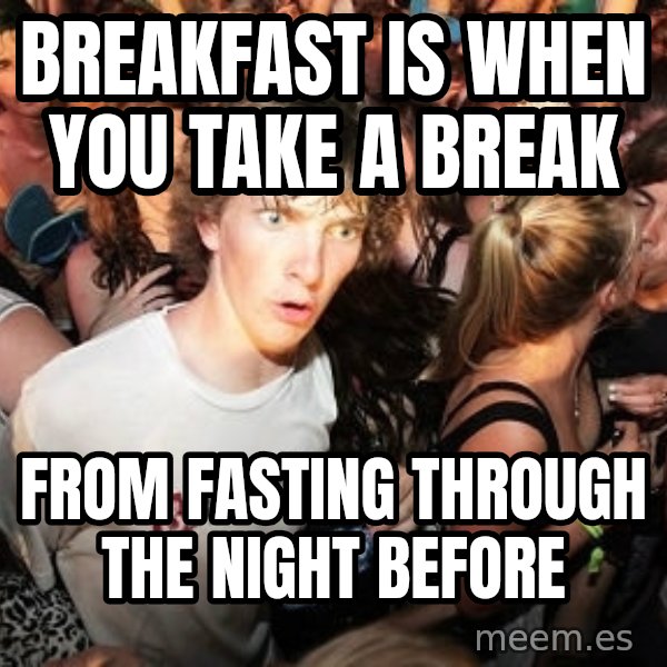 Sudden Realization Ralph meme: Breakfast is when you take a break / From fasTing through the night beFore