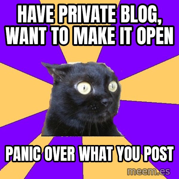 Anxiety Cat meme: have private blog, want to make it open / panic over what you post