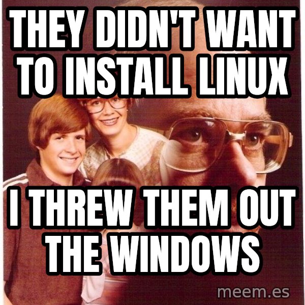 Vengeance Dad meme: they didn't want to install linux / i threw them out the windows