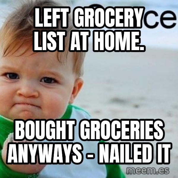 Success Kid meme: Left grocery list at home. / bought groceries anyways - nailed it