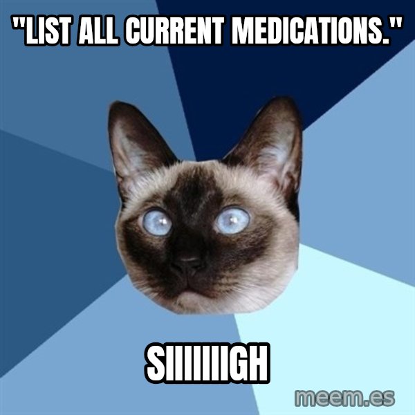 Chronic Illness Cat meme: "List all current medications." / Siiiiiiigh