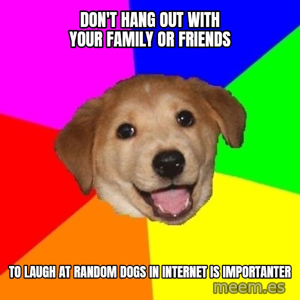 Advice Dog meme: DON'T HANG OUT WITH YOUR FAMILY OR FRIENDS / TO LAUGH AT RANDOM DOGS IN INTERNET IS IMPORTANTER