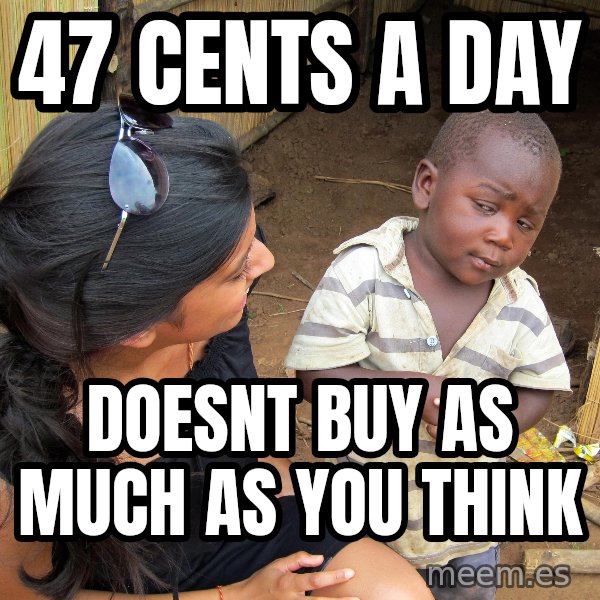 Skeptical 3rd World Kid meme: 47 cents a day / Doesnt buy as much as you think