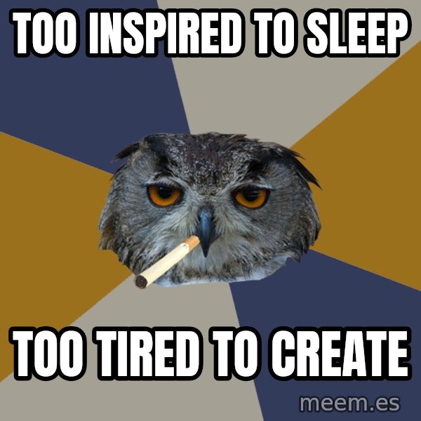 Art Student Owl meme: Too inspired to sleep / too tired to create