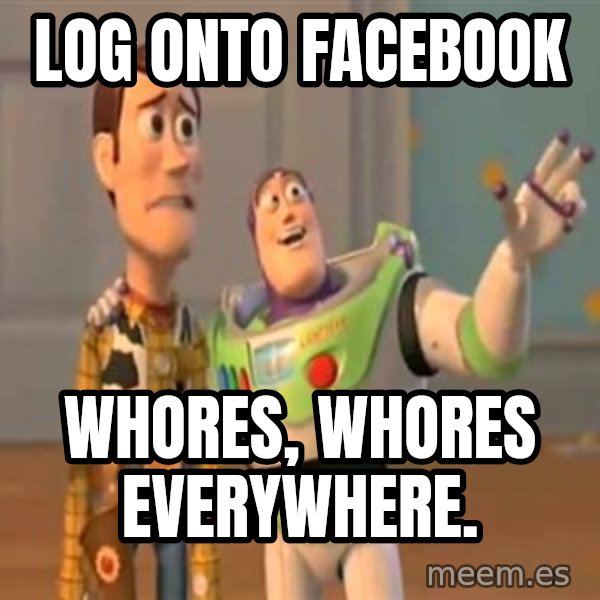 X, X Everywhere  meme: log onto facebook / whores, whores everywhere.