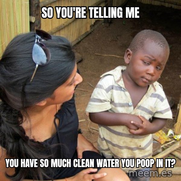 skeptical black kid meme: SO YOU'RE TELLING ME / you have so much clean water you poop in it?