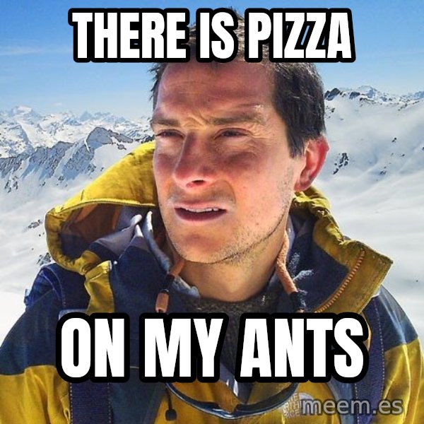 Bear Grylls Loneliness meme: There is pizza / on my ants