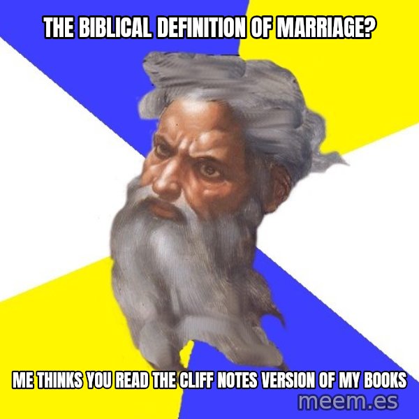 God meme: The biblical definition of marriage? / me thinks you read the cliff notes version of my books