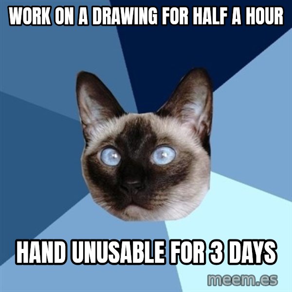 Chronic Illness Cat meme: work on a drawing for half a hour / hand unusable for 3 days
