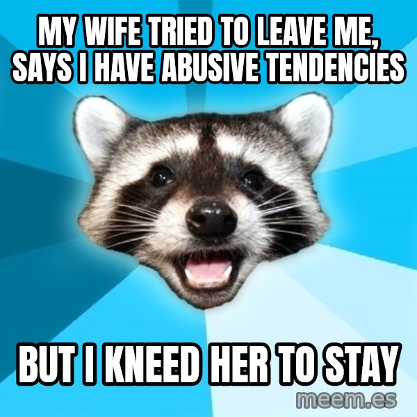 Lame Pun Coon meme: my wife tried to leave me, says i have abusive tendencies / but i kneed her to stay