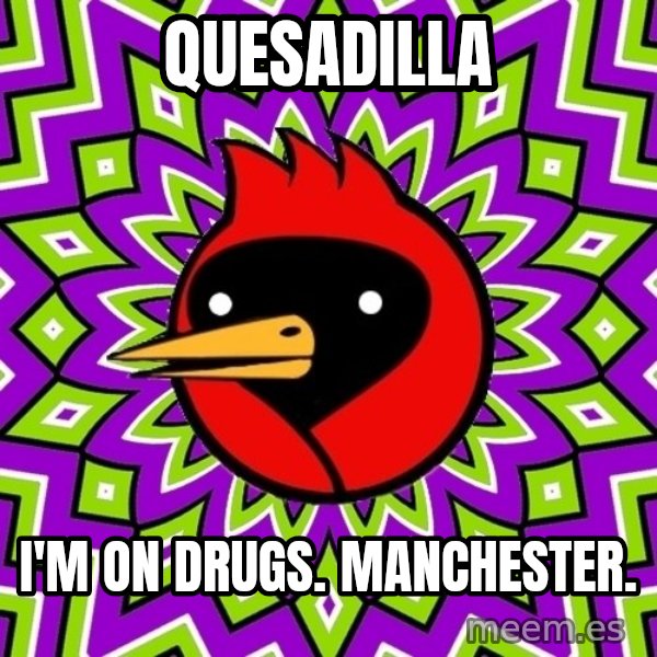 Omsk Crow meme: quesadilla / i'm on drugs. manchester.