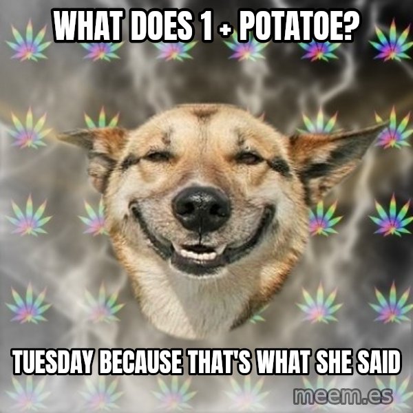 Stoner Dog meme: what does 1 + potatoe? / tuesday because that's what she said
