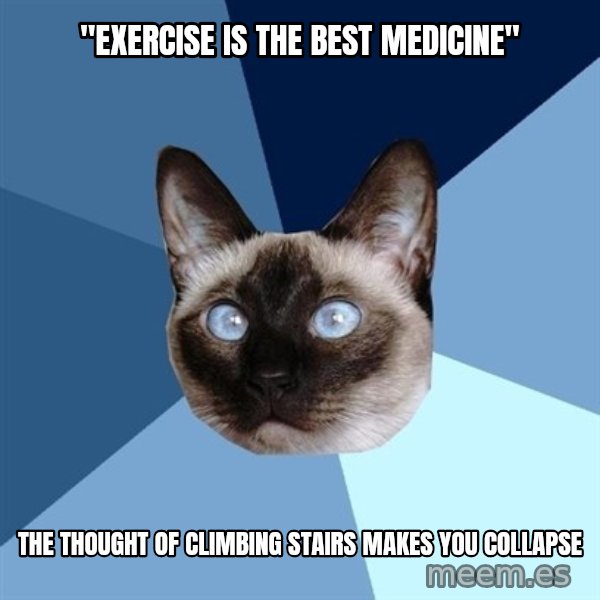 Chronic Illness Cat meme: "Exercise is the best medicine" / The thought of climbing stairs makes you collapse