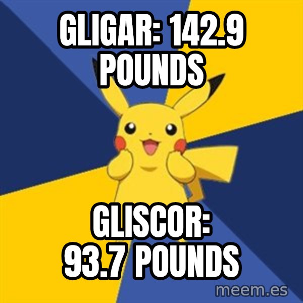 Pokemon Logic  meme: gligar: 142.9 pounds / gliscor: 93.7 pounds