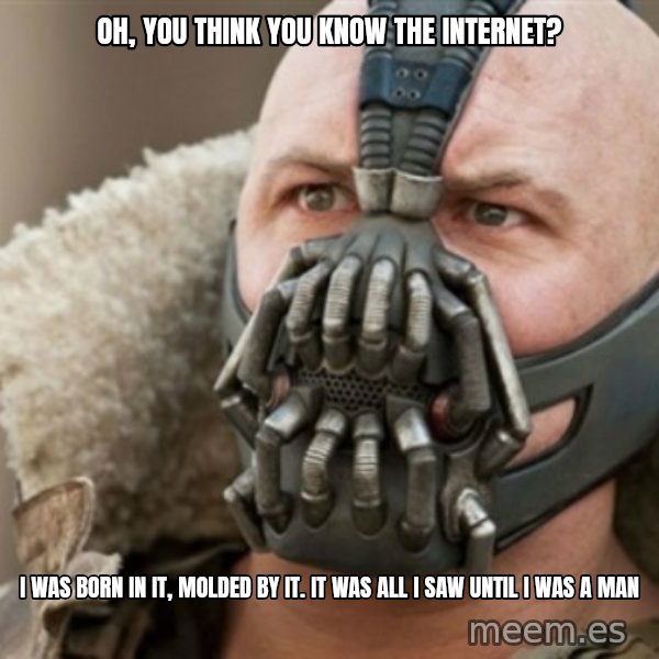Bane meme: Oh, you think you know the internet? / i was born in it, molded by it. it was all i saw until i was a man