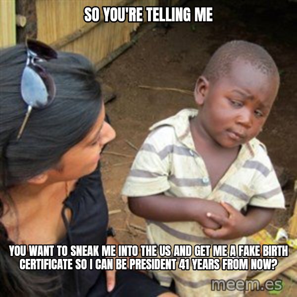 Skeptical 3rd World Kid meme: So you're telling me / You want to sNeak me into the us and get me A fake birth certificate so i can be president 41 years from now?