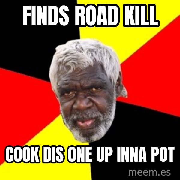 Aboriginal meme: finds Road kill / cook dis one up inna pot