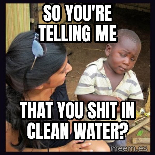 Skeptical 3rd World Kid meme: So you're telling me / that you shit in clean water?