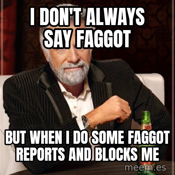 The Most Interesting Man In The World meme: I don't always say faggot / but when i do some faggot reports and blocks me