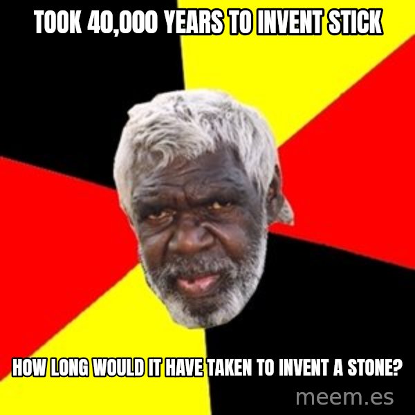 Aboriginal meme: took 40,000 years to invent stick / How long would it have taken to invent a stone?