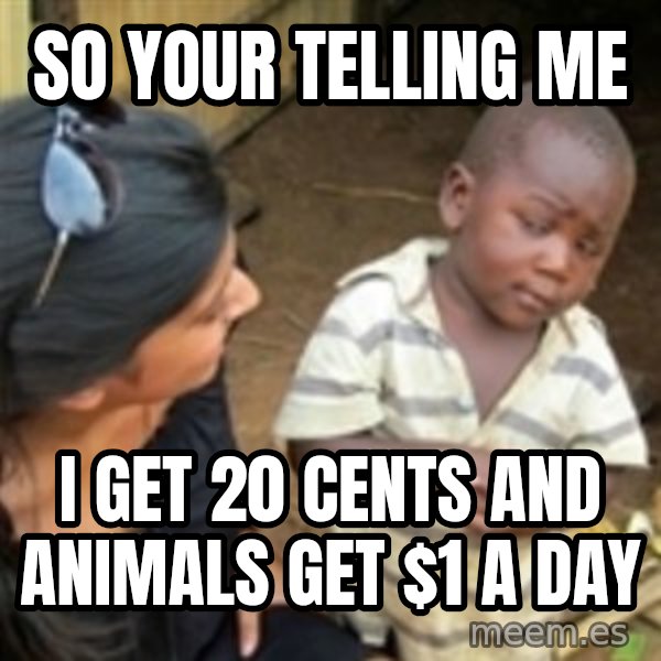 Skeptical 3rd World Kid meme: so your telling me / i get 20 cents and animals get $1 a day