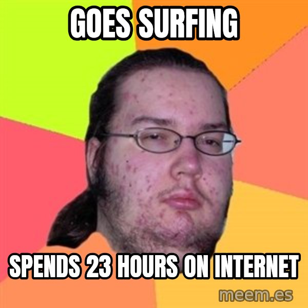 Butthurt Dweller meme: goes surfing / spends 23 hours on internet