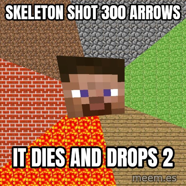 Minecraft Guy meme: skeleton shot 300 arrows / it dies and drops 2