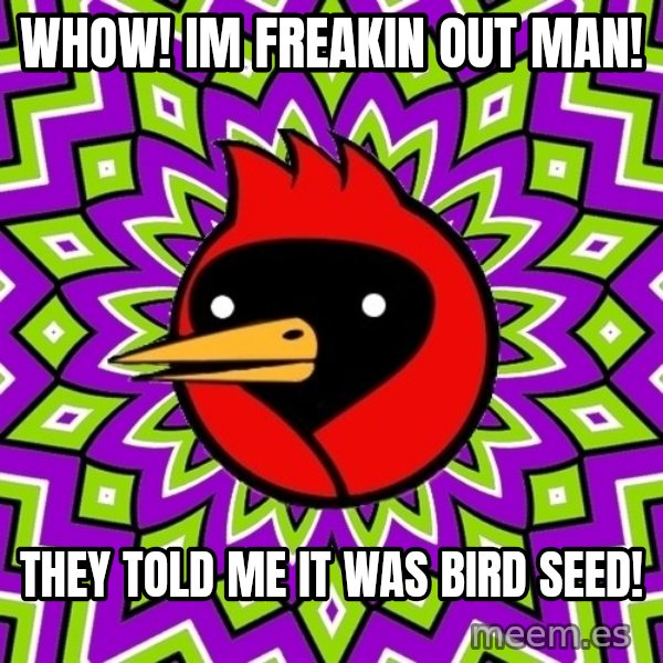 Omsk Crow meme: Whow! im freakin out Man! / they told me it was bird seed!