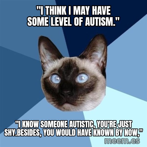 Chronic Illness Cat meme: "I THINK I MAY HAVE SOME LEVEL OF AUTISM." / "i know someone autistic, you're just shy.besides, you would have known by now,"
