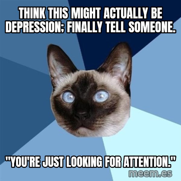 Chronic Illness Cat meme: Think this might actually be depression; finally tell someone. / "You're just looking for attention."