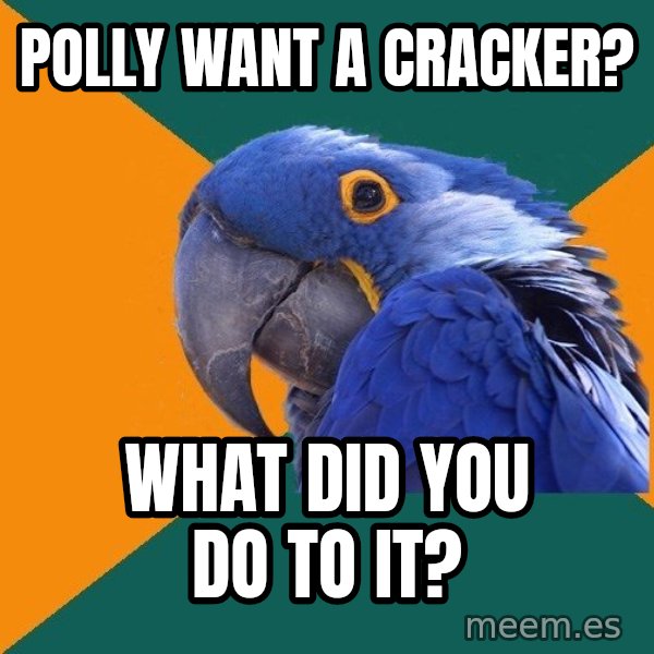 Paranoid Parrot meme: polly want a cracker? / What did you do to it?