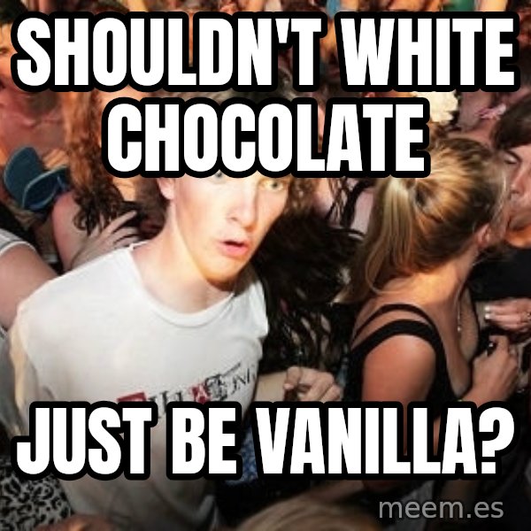 Sudden Realization Ralph meme: shouldn't white chocolate / just be vanilla?