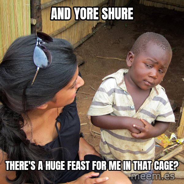 Skeptical African Child meme: And yore shure / There's a huge feast for me in that cage?