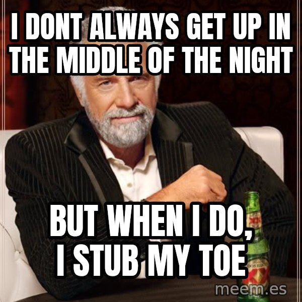 The Most Interesting Man In The World meme: I dont always get up in the middle of the night / but when i do, i stub my toe