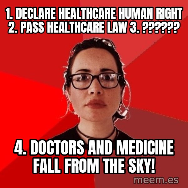 Liberal Douche Garofalo meme: 1. declare healthcare  human right 2. pass healthcare law 3. ?????? / 4. doctors and medicine fall from the sky!