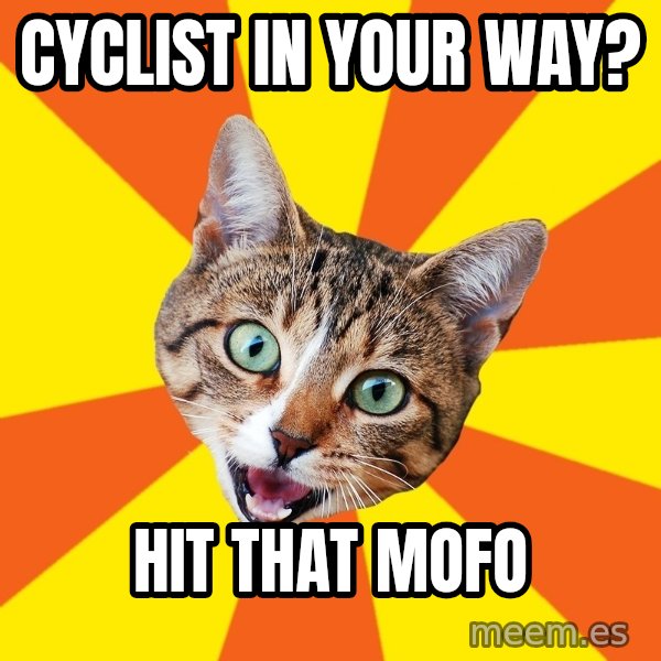 Bad Advice Cat meme: cyclist in your way? / hit that mofo