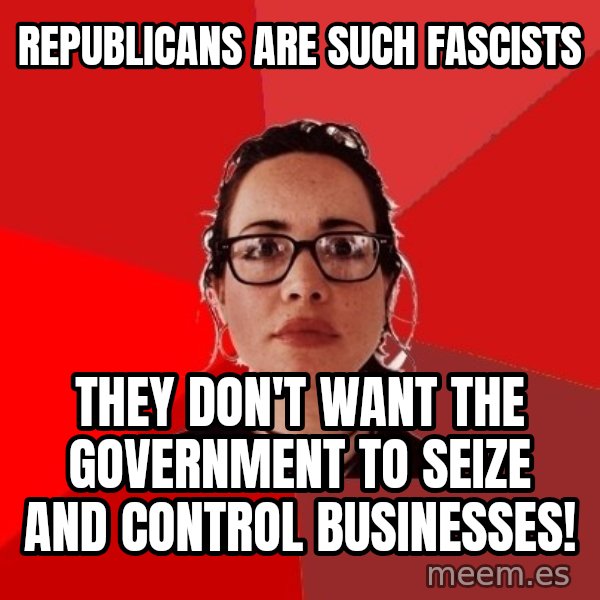 Liberal Douche Garofalo meme: republicans are such fascists / they don't want the government to seize and control businesses!