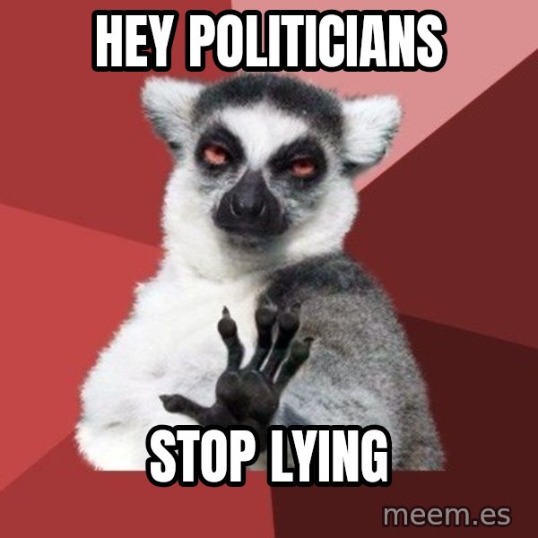 Chill Out Lemur meme: Hey Politicians / stop lying