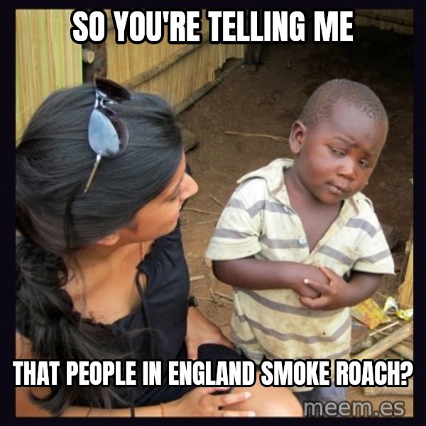 Skeptical third-world kid meme: So you're telling me / That people in england smoke roach?