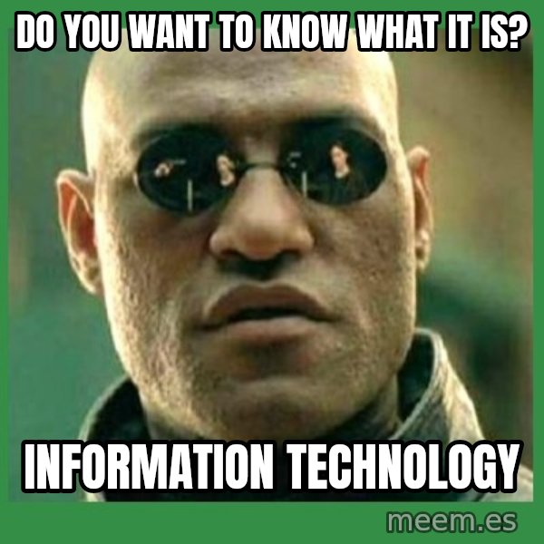 Matrix Morpheus meme: DO YOU WANT TO KNOW WHAT IT IS? / INFORMATION TECHNOLOGY