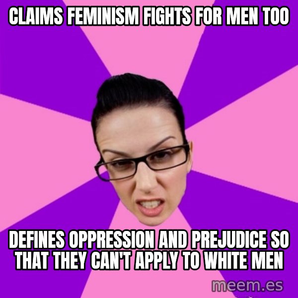 Privilege Denying Feminist meme: claims feminism fights for men too / defines oppression and prejudice so that they can't apply to white men