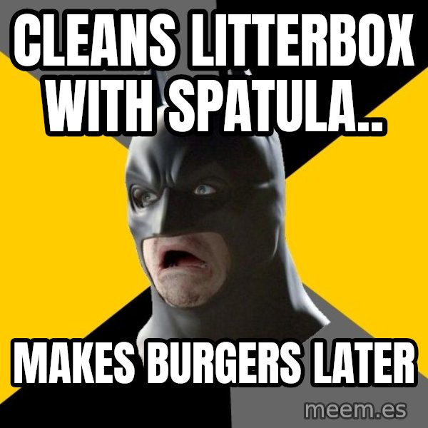 Bad Factman meme: cleans litterbox with spatula.. / makes burgers later