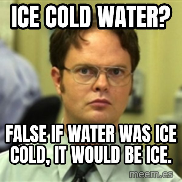 Dwight Schrute meme: ICE COLD WATER? / FALSE IF WATER WAS ICE COLD, IT WOULD BE ICE.