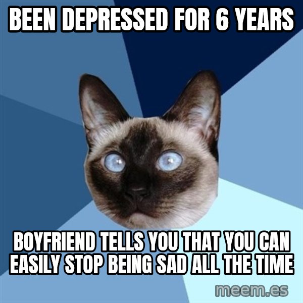 Chronic Illness Cat meme: been depressed for 6 years / boyfriend tells you that you can easily stop being sad all the time