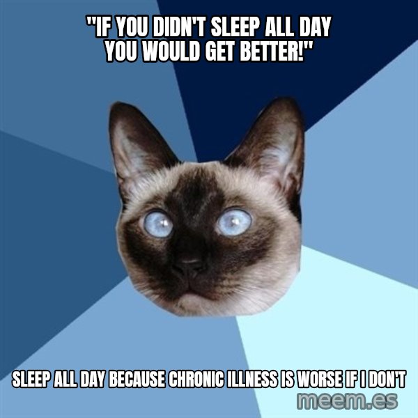 Chronic Illness Cat meme: "if you didn't sleep all day you would get better!" / sleep all day because chronic illness is worse if i don't