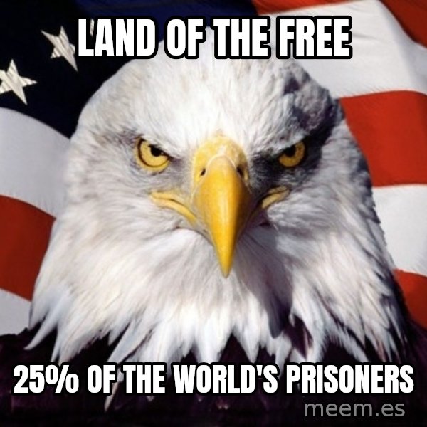 American Pride Eagle meme: land of the free / 25% of the world's prisoners