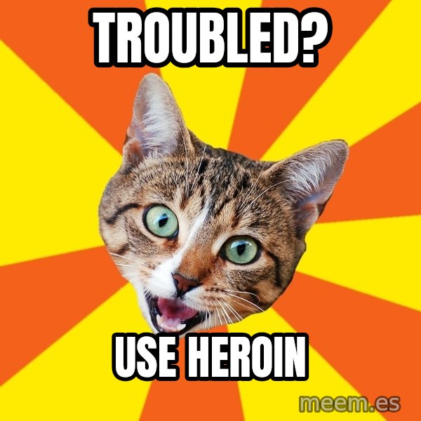 Bad Advice Cat meme: troubled? / Use heroin