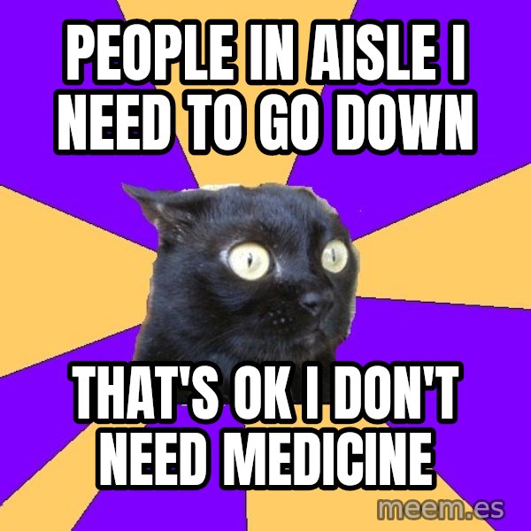 Anxiety Cat meme: people in aisle i need to go down / that's ok i don't need medicine