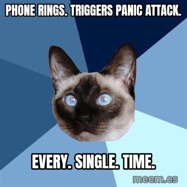 Chronic Illness Cat meme: Phone Rings. Triggers Panic Attack. / Every. Single. Time.